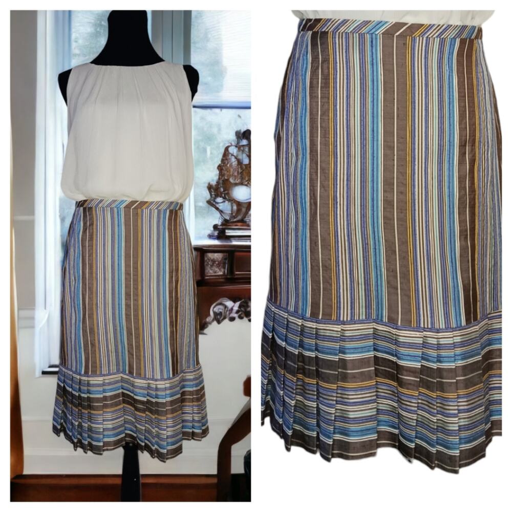 AKRIS PUNTO‎ Colorful 100% Silk Skirt 10 Pleated Ruffle Striped Event Career